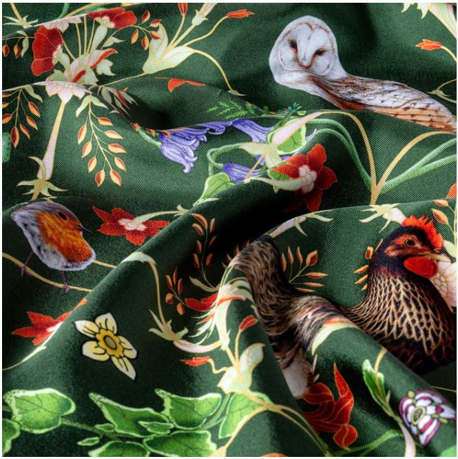 Halcyon Days | King's Coronation Silk Scarf | Celebration of the Natural World | Green, Gold, White | 36 by 36 Inches