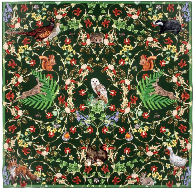 Halcyon Days | King's Coronation Silk Scarf | Celebration of the Natural World | Green, Gold, White | 36 by 36 Inches