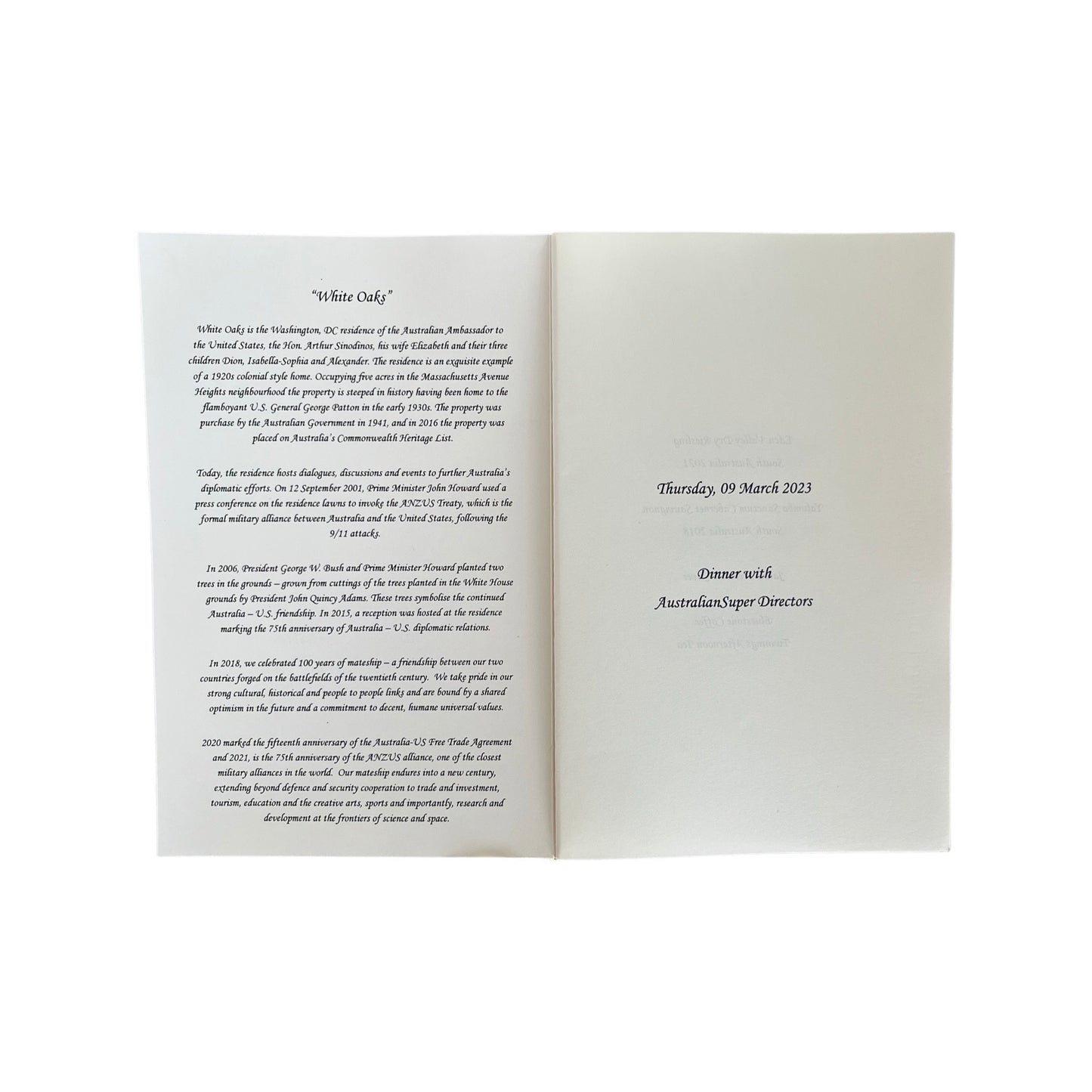 Australian Embassy Proof | Program Cover | Diplomatic Menu Program Folder | Place Card | Graphic Work