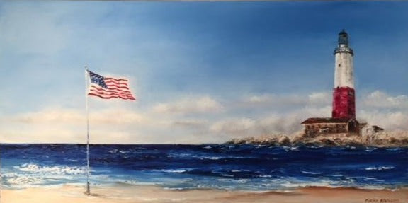 Commissioned Art | Original Oil Painting | Ocean and Lighthouse | Claire Howard | Single Horizontal Painting | 15 by 31 Inches-Oil Painting-Sterling-and-Burke
