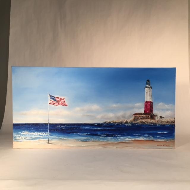 Commissioned Art | Original Oil Painting | Ocean and Lighthouse | Claire Howard | Single Horizontal Painting | 15 by 31 Inches-Oil Painting-Sterling-and-Burke