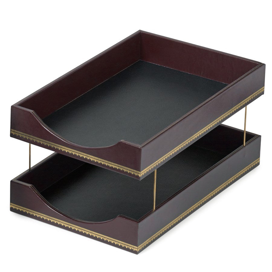 Burgundy Leather Desk Accessories with Decorative Gold Tooling | Hand Made in USA | Individual Luxury Leather Desk Accessories with Fancy Gold Tooling