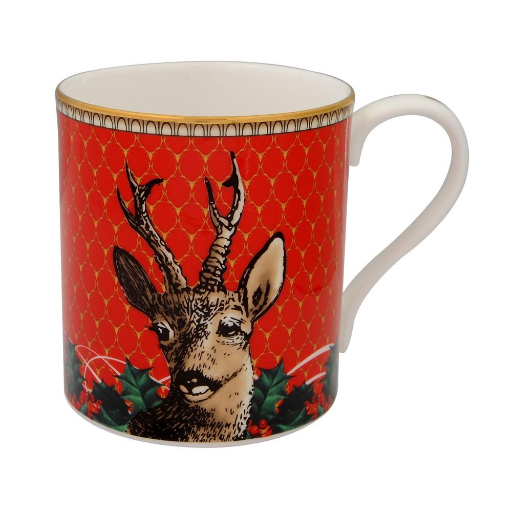 Halcyon Days Antler Trellis and Stag Mugs in Red, Set of 2-Bone China-Sterling-and-Burke
