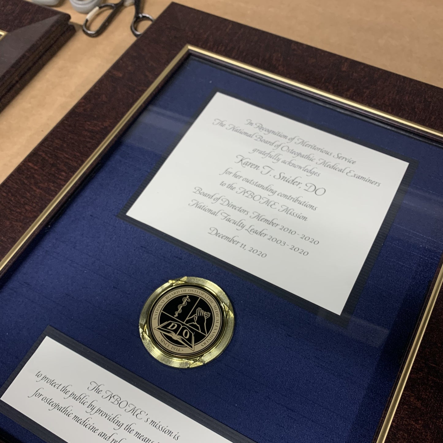 Suggestions for Bespoke Awards for NBOME | Awards Framed in Gold & Silver Leaf and Black & Brown Wood
