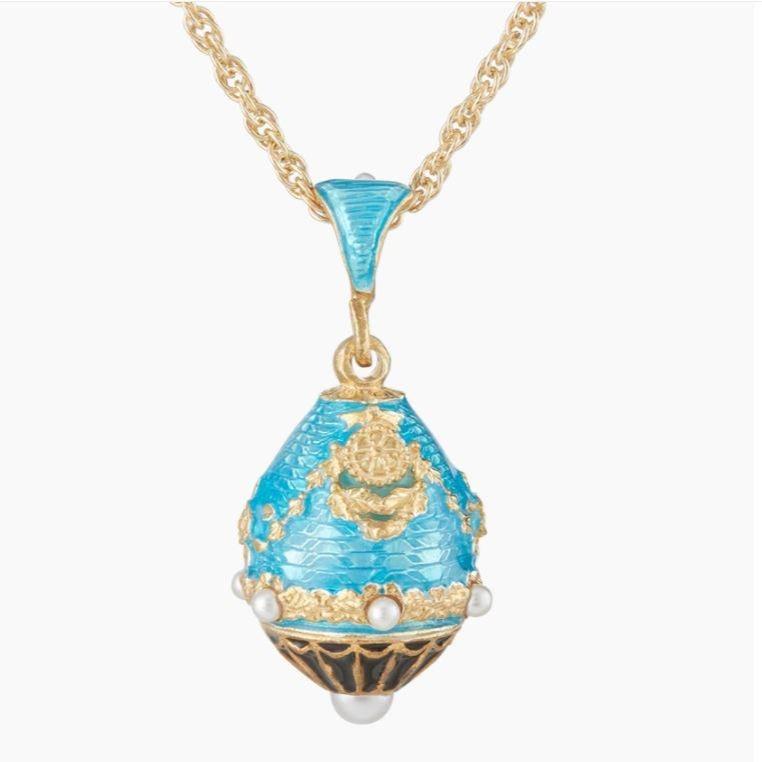 White House Portico | Vermeil and Enamel Egg Pendant with Seed Pearls and Chain Necklace | Light Blue