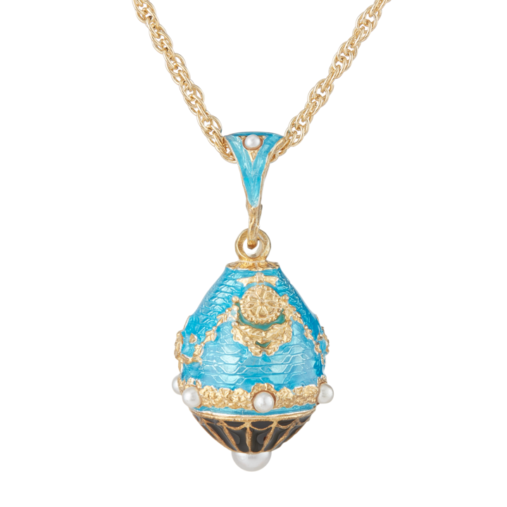 White House Portico | Vermeil and Enamel Egg Pendant with Seed Pearls and Chain Necklace | Light Blue