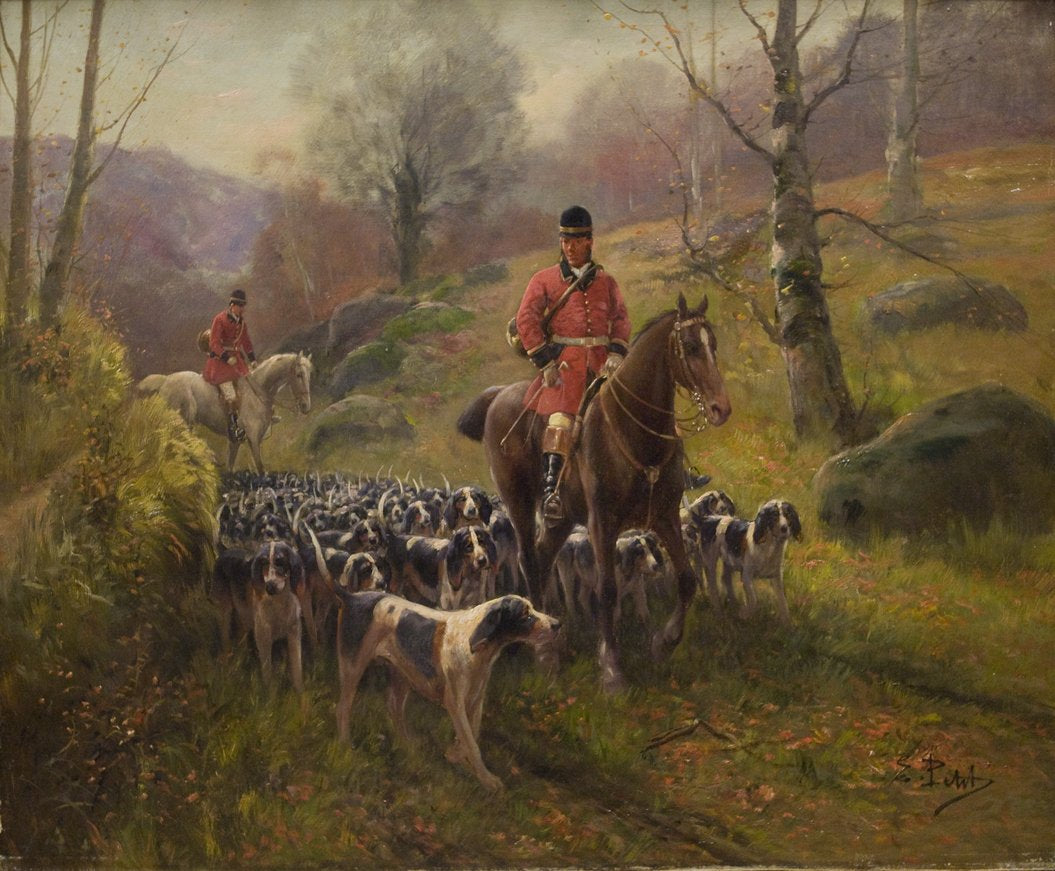 Antique Oil Painting | Hunting Scene by Eugene Petit | 31.5" x 36"-Oil Painting-Sterling-and-Burke