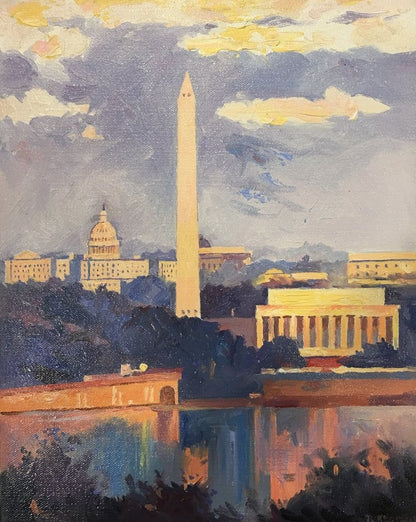 Monuments at Dusk | Washington, DC Art | Original Oil and Acrylic Painting on Canvas by Zachary Sasim | 11" by 13.5" | Commission