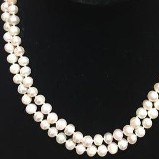 Pearl Necklace | Fresh Water Pearls | Double Strand | Hand Knotted Pearls | 18" Necklace | 7mm | Silver Clasp | Ivory