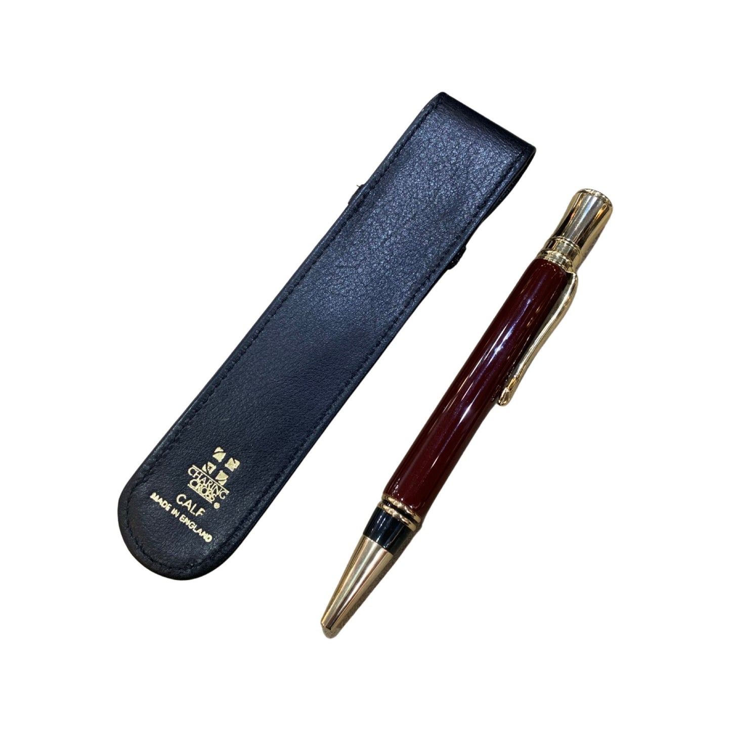 Custom Ballpoint Pens | Gold Trim and Dark Burgundy | Black Leather Case | Made in America | Charing Cross & Co.