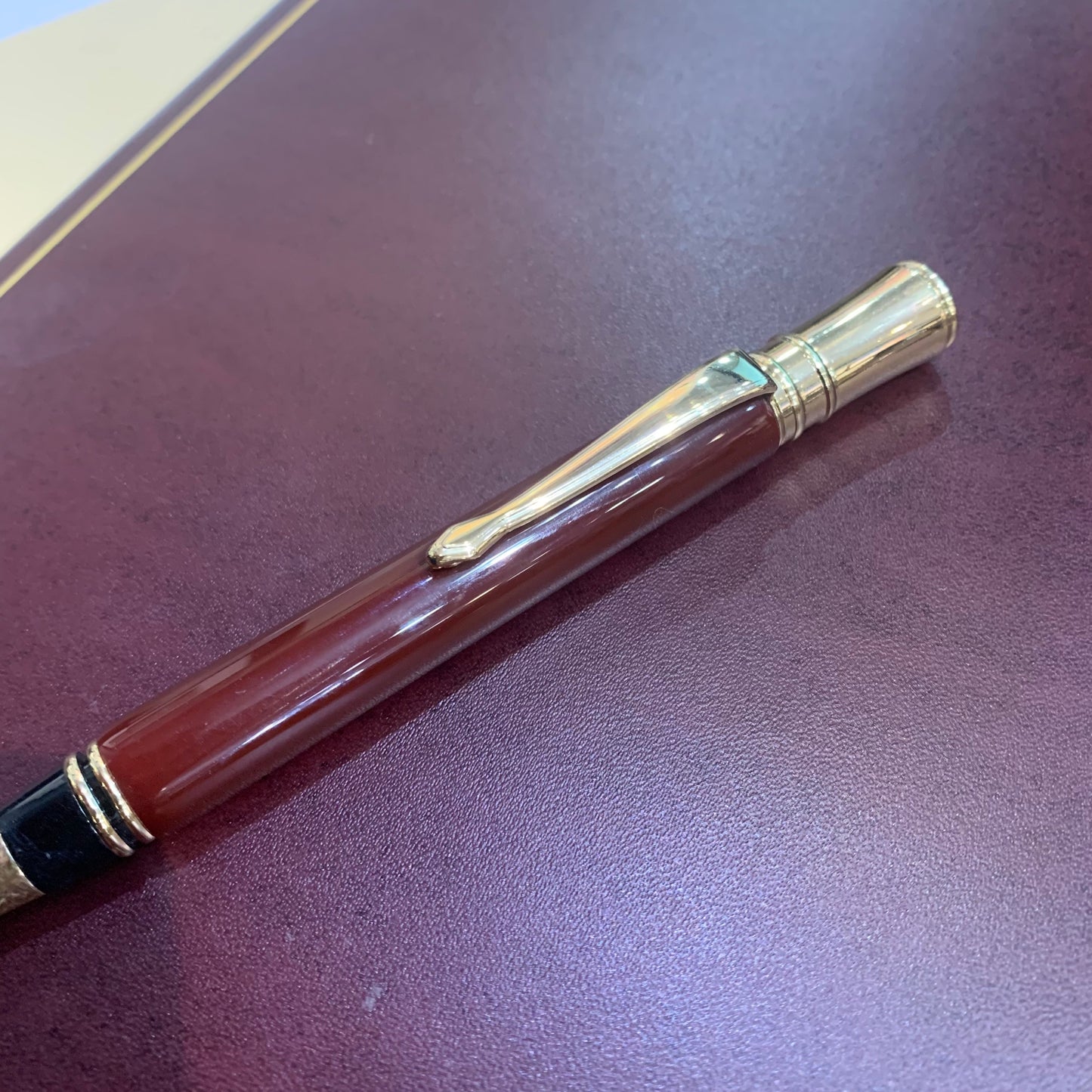 Custom Ballpoint Pens | Gold Trim and Dark Burgundy | Black Leather Case | Made in America | Charing Cross & Co.