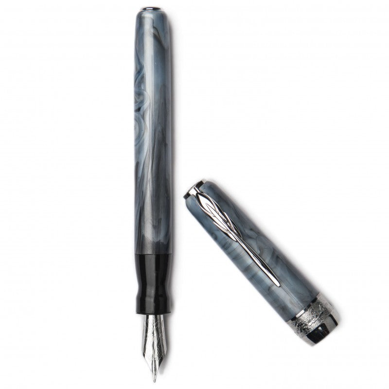 Pineider Pens | Full Metal Jacket Movie Fountain Pen | Ash Grey / Light Grey Body with Palladium (Silver) Trim and a Steel Nib | 5 5/8" Length Capped