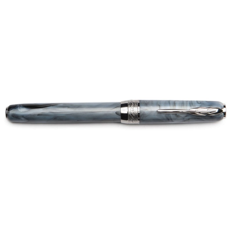 Pineider Pens | Full Metal Jacket Movie Fountain Pen | Ash Grey / Light Grey Body with Palladium (Silver) Trim and a Steel Nib | 5 5/8" Length Capped