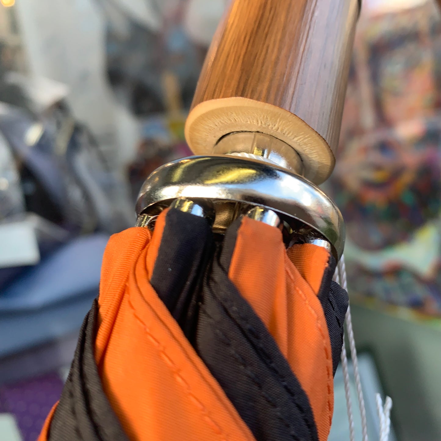 Burke Umbrellas | Golf Umbrella | Princeton Univ. Orange and Black | Polished Chestnut Crook Handle | Custom Colors Canopy | England's Finest Umbrella | The Fox Umbrella