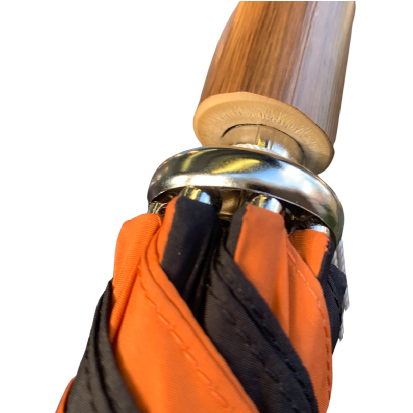 Burke Umbrellas | Golf Umbrella | Princeton Univ. Orange and Black | Polished Chestnut Crook Handle | Custom Colors Canopy | England's Finest Umbrella | The Fox Umbrella
