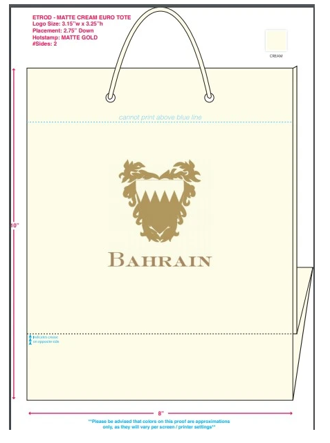Bespoke Proof | Bahrain Embassy Gift Bag | Gold Seal and Text on Two Locations - Front and Back | Hot Stamp