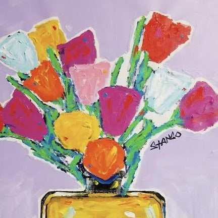 Stango Gallery: Flowers | Pastel on Lavender Tulips Chanel No. 5 Bottle Pop Art | Custom Contemporary Art | Gallery Burke DC