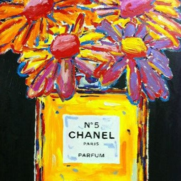 Stango Gallery: Flowers | Pastel on Black Daisy Chanel No. 5 Bottle Pop Art | Custom Contemporary Art | Gallery Burke DC