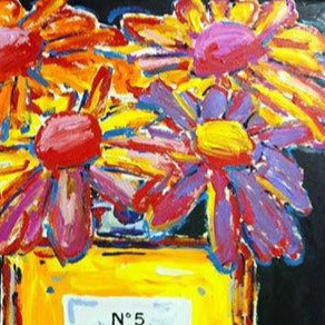 Stango Gallery: Flowers | Pastel on Black Daisy Chanel No. 5 Bottle Pop Art | Custom Contemporary Art | Gallery Burke DC