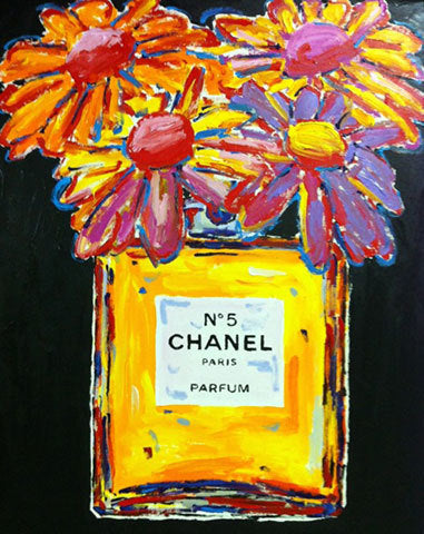 Stango Gallery: Chanel | Black Chanel No.5 Parfum and Daisy Flowers | Chanel Bottle Pop Art | Gallery at Studio Burke, Washington, DC