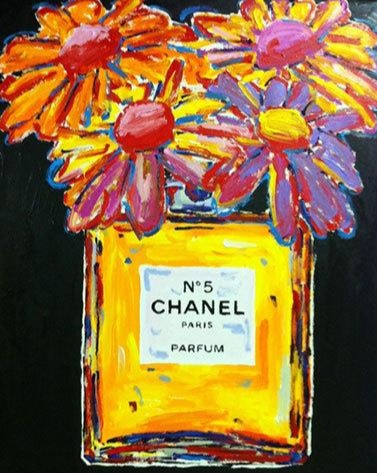 Stango Gallery: Chanel | Black Chanel No.5 Parfum and Daisy Flowers | Chanel Bottle Pop Art | Gallery at Studio Burke, Washington, DC
