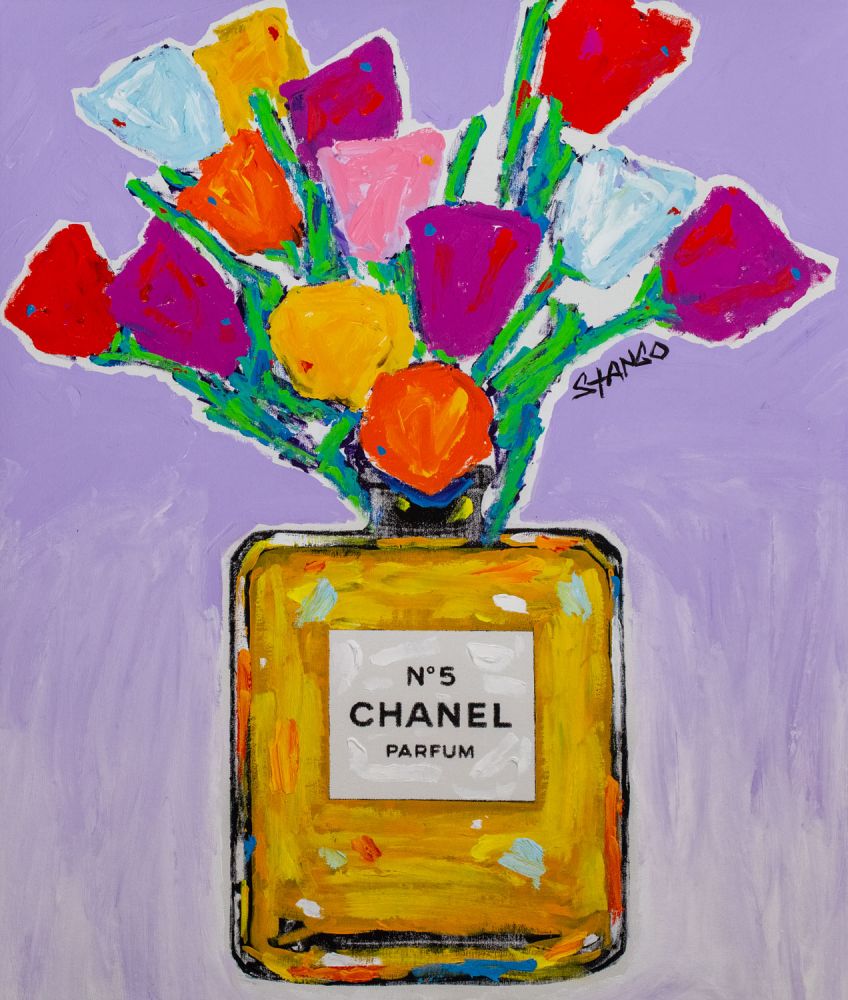 Stango Gallery: Flowers | Pastel on Lavender Tulips Chanel No. 5 Bottle Pop Art | Custom Contemporary Art | Gallery Burke DC