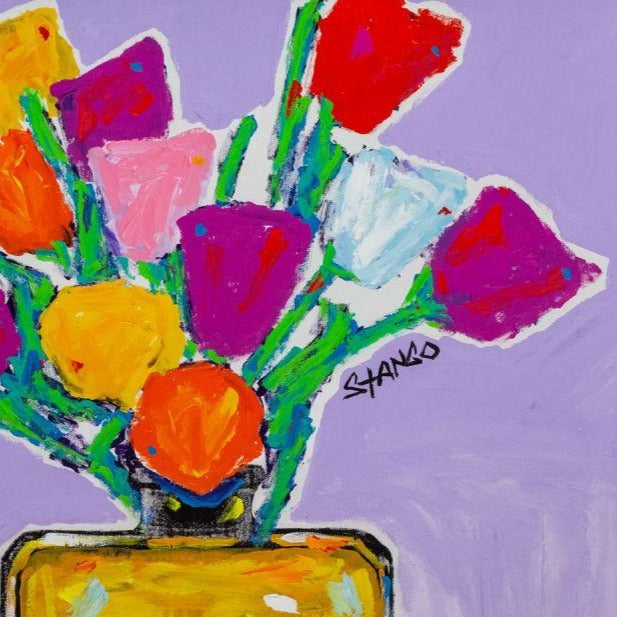 Stango Gallery: Flowers | Pastel on Lavender Tulips Chanel No. 5 Bottle Pop Art | Custom Contemporary Art | Gallery Burke DC