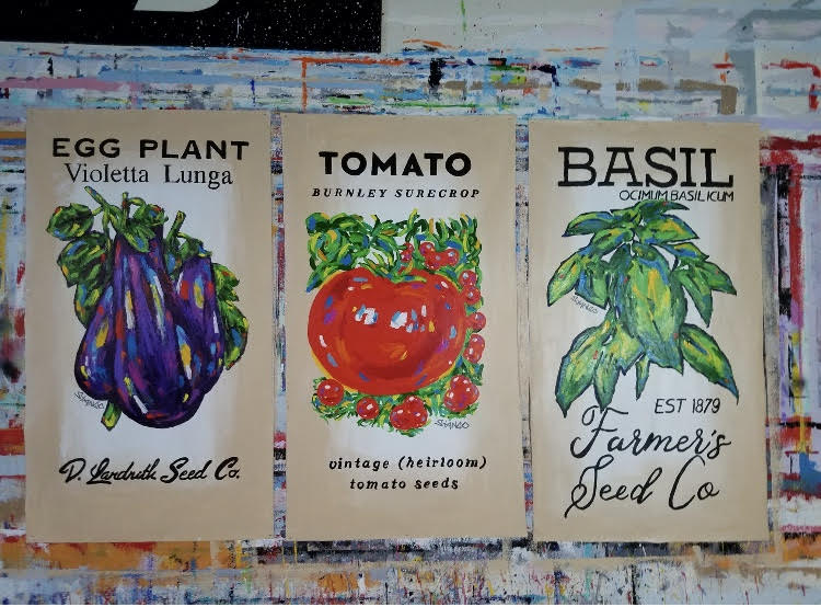 Stango Gallery: Iconic Italian Kitchen Art | Egg Plant, Tomato, Basil Seeds Pop Art | Gallery at Studio Burke, Washington, DC