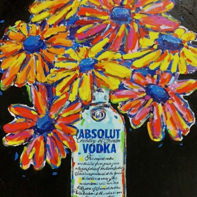 Stango Gallery: Flowers | Pastel on Black Daisy Vodka Bottle Pop Art | Custom Contemporary Art | Gallery Burke DC