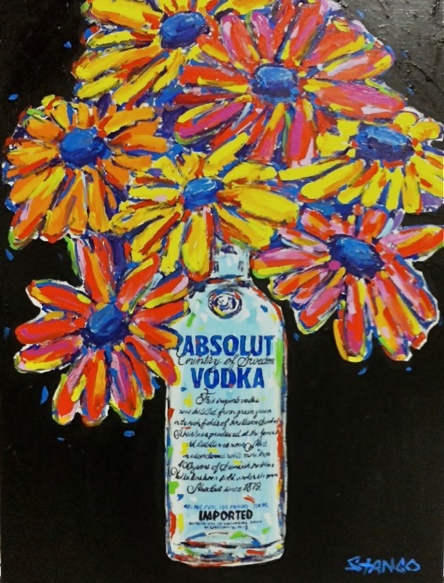 Stango Gallery: Flowers | Pastel on Black Daisy Vodka Bottle Pop Art | Custom Contemporary Art | Gallery Burke DC