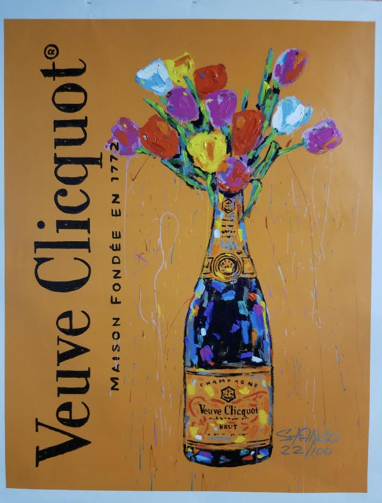 Painting by John Stango | Clicquot Bottle and Tulips Pop Art | Gallery at Studio Burke Ltd, Washington, DC