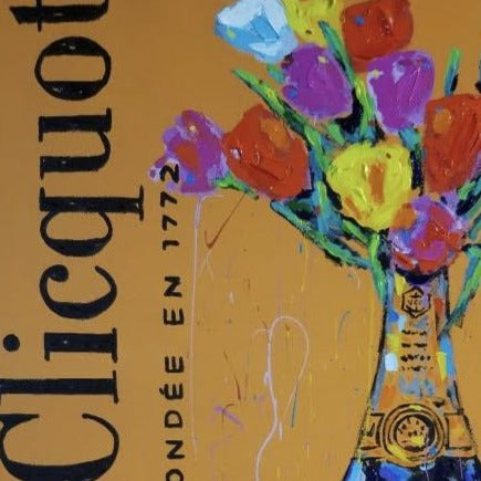 Painting by John Stango, Clicquot Bottle and Tulips Pop Art