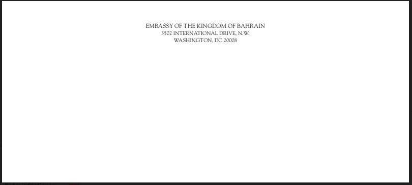 Embassy of Bahrain | Standard US Letter Size Sheet Sheet and Envelope Sets | Gold Seal and Text in Three Locations and Text on Envelope Set | Hand Engraved