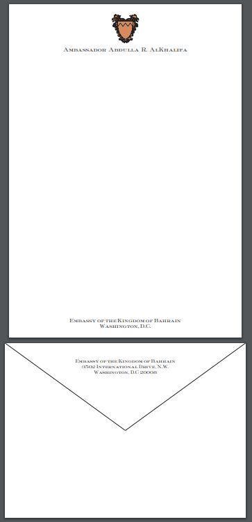 Bespoke Proof | Bahrain Embassy Stationery | Correspondence Sheet and Envelope | Gold Seal and Text in Two Locations - Text on Large Correspondence Sheets and Text on Envelope Set | Hand Engraved | Sterling and Burke Ltd-Custom Stationery-Sterling-and-Burke