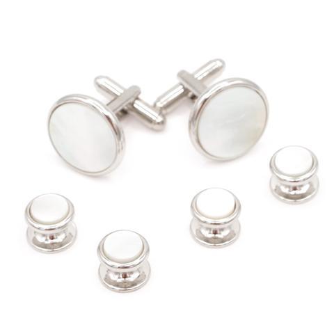 Silver Smooth Edge Stud / Cufflink Set | Mother of Pearl | Sterling and Burke-Cufflinks and Stud Sets-Sterling-and-Burke