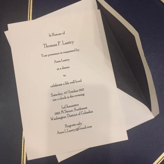 Bespoke Stationery | Large Invitation Card with Envelope | 50 Sets | Hand Engraved | Text Only on Invitation | Envelope Tissue Lined With Embossed Return Address | Sterling and Burke Ltd-Custom Stationery-Sterling-and-Burke