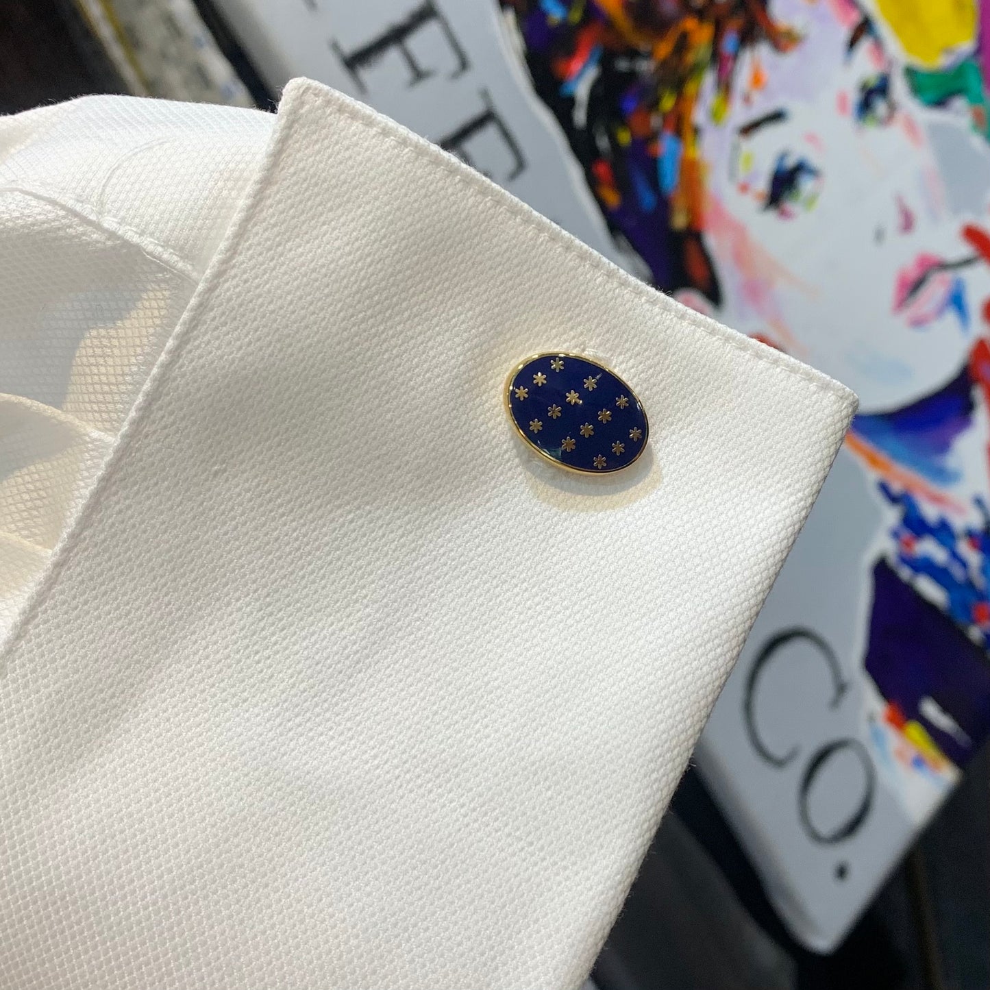 Star Cuff Links | Oval Enamel Star T-Bar Cufflinks | Navy and Gold Stars | Benson and Clegg | Made in England