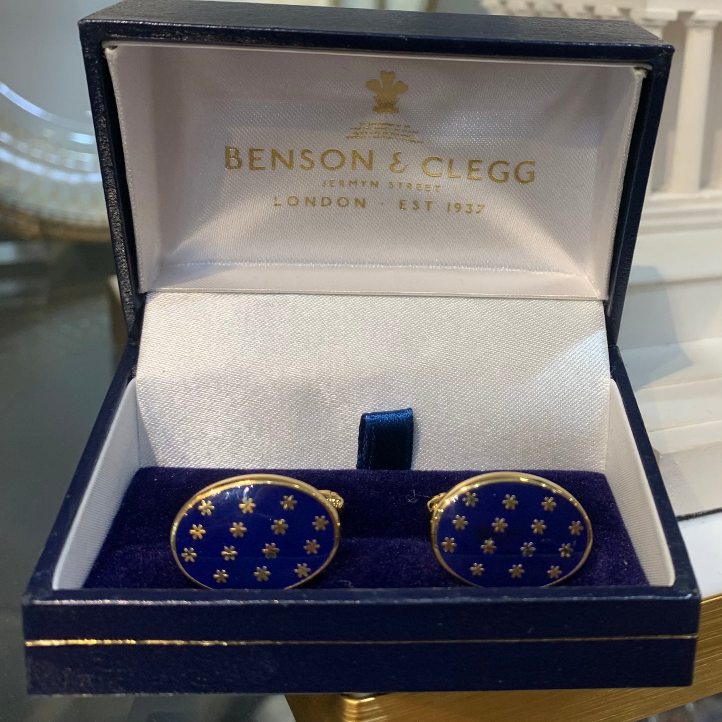 Star Cuff Links | Oval Enamel Star T-Bar Cufflinks | Navy and Gold Stars | Benson and Clegg | Made in England