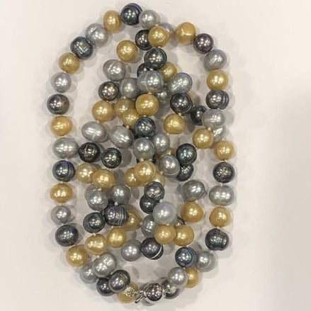 Pearl Necklace | Fresh Water Pearls | Single Strand | Hand Knotted Pearls | 34" Necklace | 7mm | Silver Clasp | Grey, Silver, Yellow