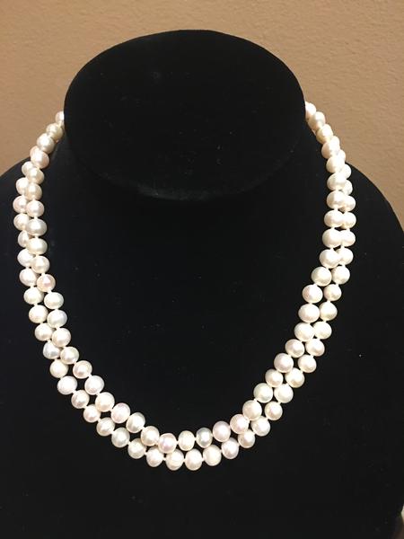 Pearl Necklace | Fresh Water Pearls | Double Strand | Hand Knotted Pearls | 18" Necklace | 7mm | Silver Clasp | Ivory