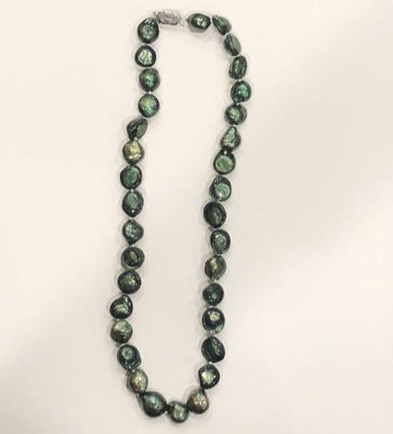 Pearl Necklace | Fresh Water Pearls | Single Strand | Hand Knotted Pearls | 12" Necklace | 10mm | Silver Clasp | Green Baroque Pearl Necklace