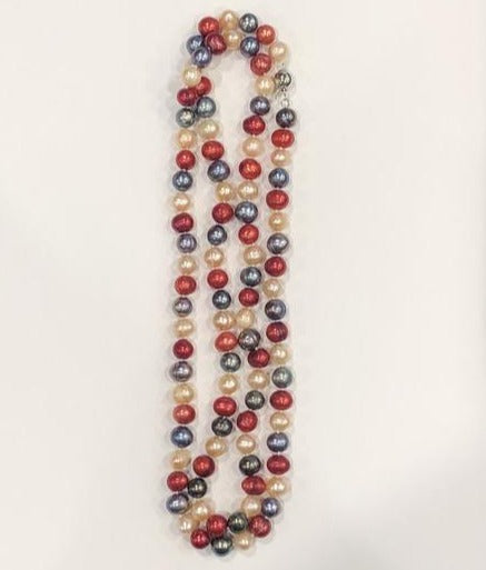Pearl Necklace | Fresh Water Pearls | Single Strand | Hand Knotted Pearls | 34" Necklace | 7mm | Silver Clasp | Grey, Ivory, Red