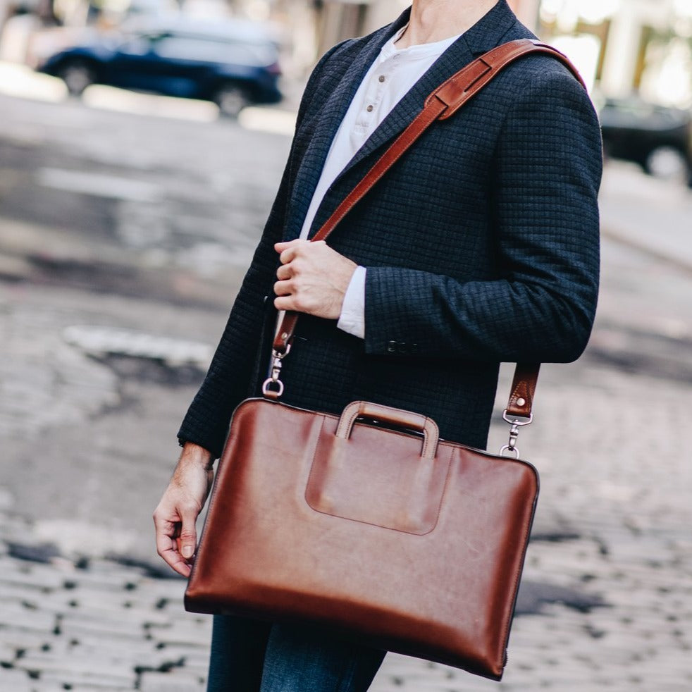 The Jackson 17" Leather Brief Bag with Zipper | Full Grain Leather | Korchmar | London Tan Leather with Nickel Fittings