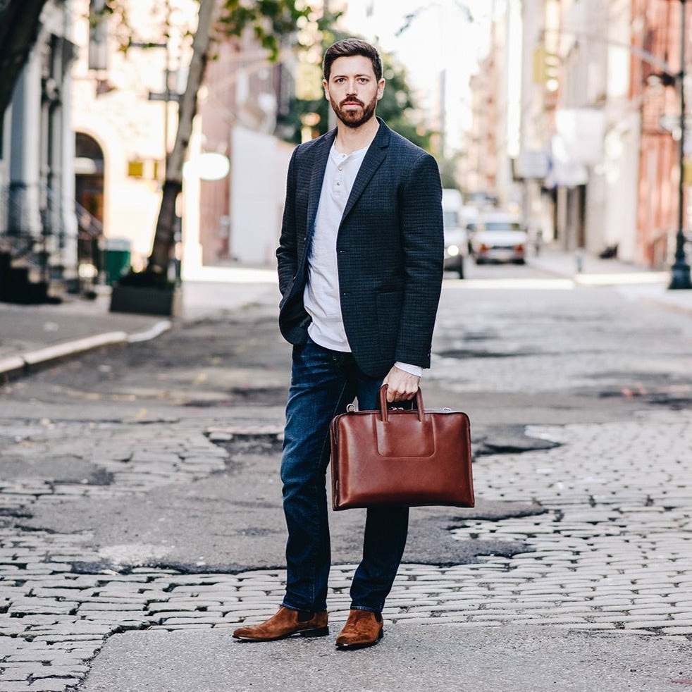 The Jackson 17" Leather Brief Bag with Zipper | Full Grain Leather | Korchmar | London Tan Leather with Nickel Fittings