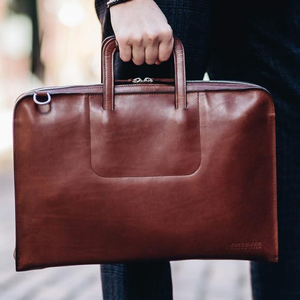 The Jackson 17" Leather Brief Bag with Zipper | Full Grain Leather | Korchmar | Classic American Brown Leather with Nickel Fittings