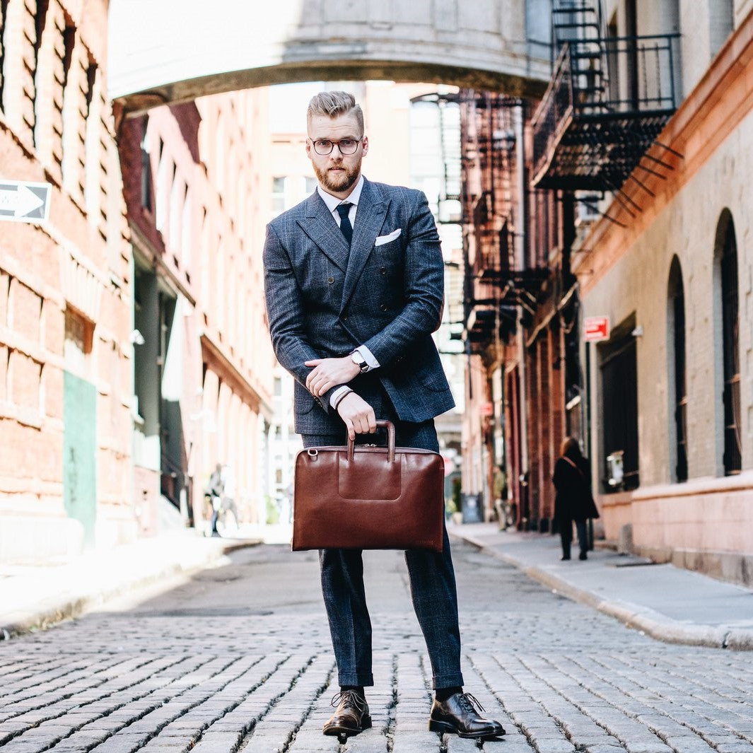 The Jackson 17" Leather Brief Bag with Zipper | Full Grain Leather | Korchmar | Black Leather with Nickel Fittings