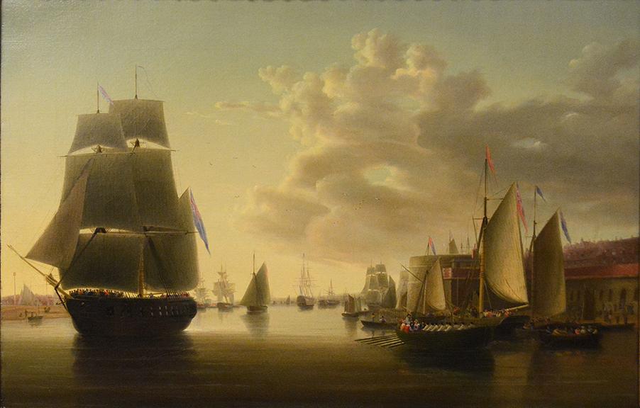Antique Oil Painting | HMS Prince and Victory at Portsmouth by Robert Strickland Thomas | 23.5" x 32.5"-Oil Painting-Sterling-and-Burke