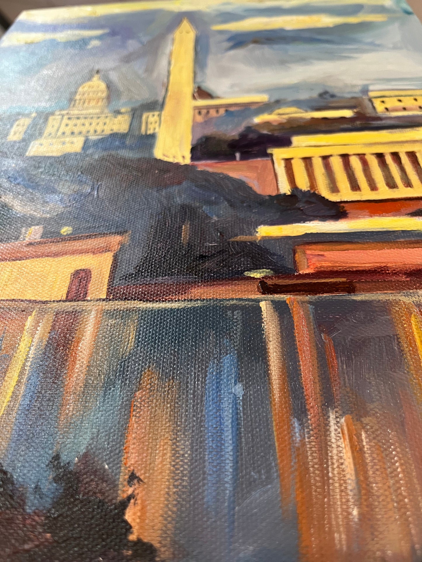 Monuments at Dusk | Washington, DC Monuments Art | Original Oil and Acrylic Painting on Canvas by Zachary Sasim | 11" by 13.5" | Commission
