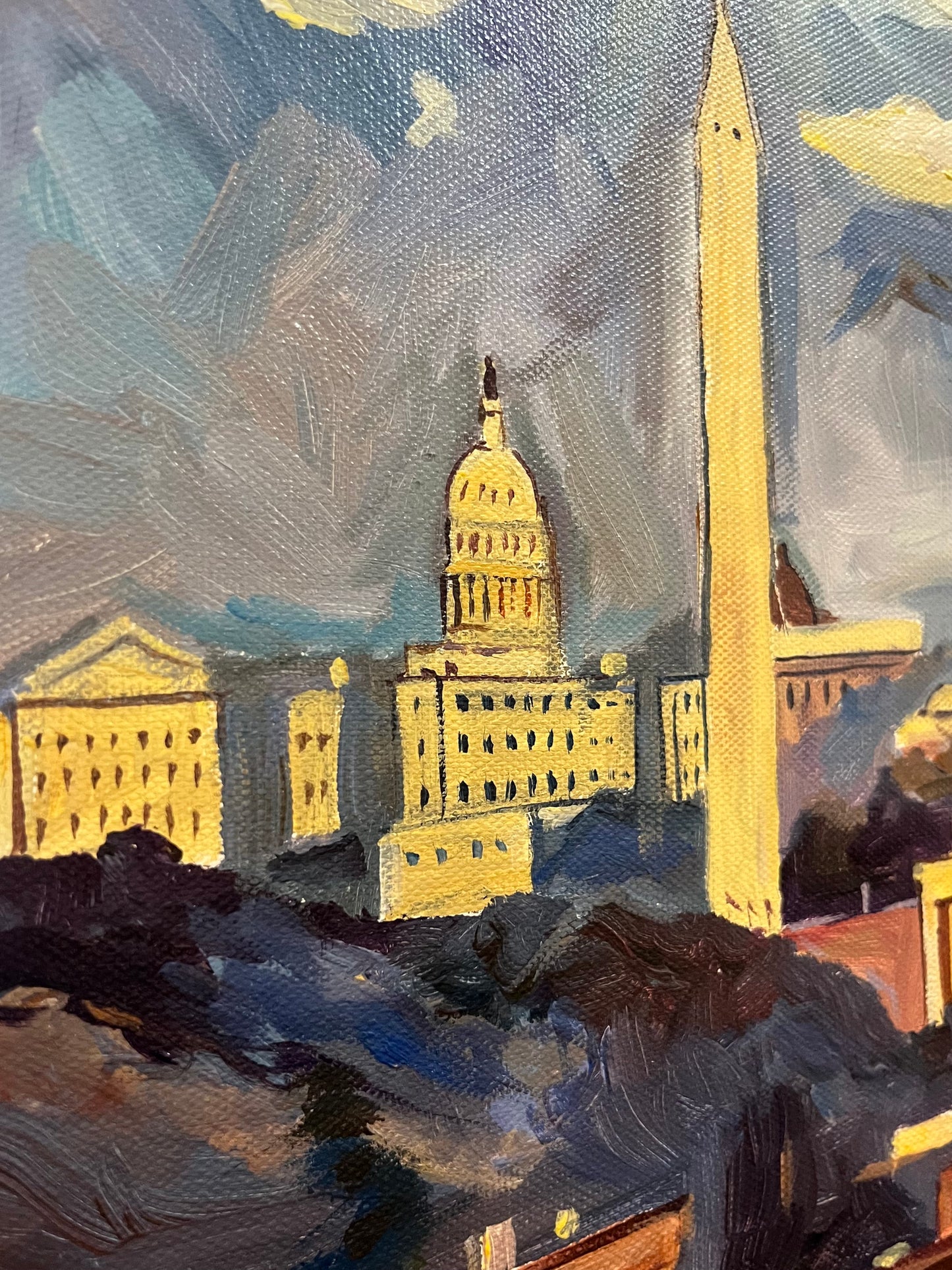 Monuments at Dusk | Washington, DC Monuments Art | Original Oil and Acrylic Painting on Canvas by Zachary Sasim | 11" by 13.5" | Commission