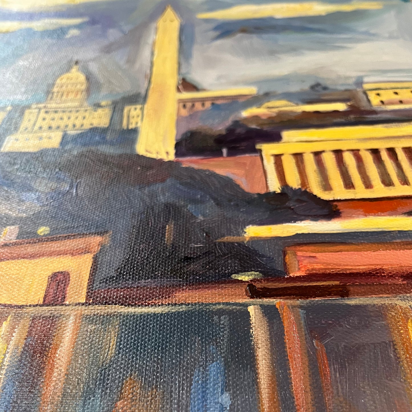 Monuments at Dusk | Washington, DC Monuments Art | Original Oil and Acrylic Painting on Canvas by Zachary Sasim | 11" by 13.5" | Commission